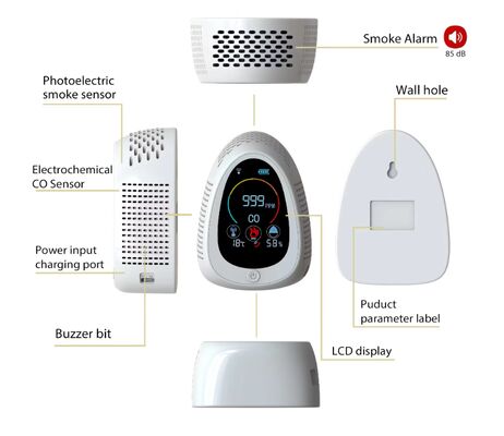 अच्छी कीमत GZAIR PT03 5-in-1 Air Quality Monitor - CO/Smoke/Temp/Humidity Detection, WiFi Connectivity, Wall-Mounted/Desktop Dual Installation ऑनलाइन